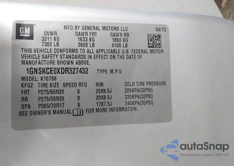 2013 Chevrolet Tahoe Ltz из США, поврежденный, VIN 1GNSKCE0XDR327432